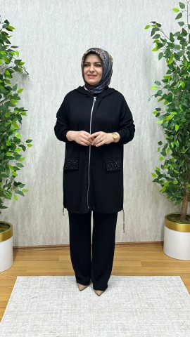 ADA KAPÜŞONLU İPEK OYSHO TAKIM SİYAH
