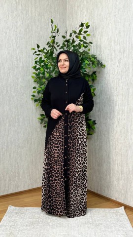 EZGİ LEOPAR ELBİSE SİYAH-KAHVE