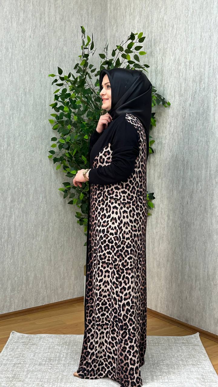 EZGİ LEOPAR ELBİSE SİYAH-KAHVE