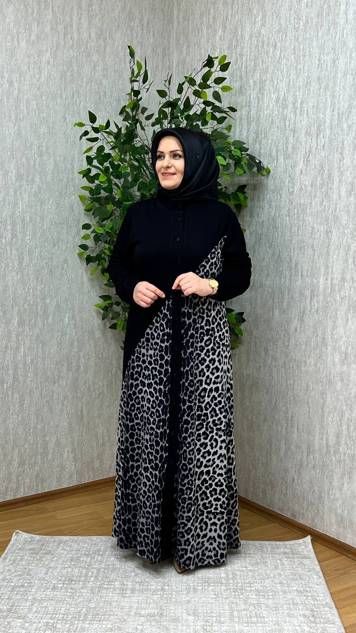 EZGİ LEOPAR ELBİSE SİYAH-GRİ