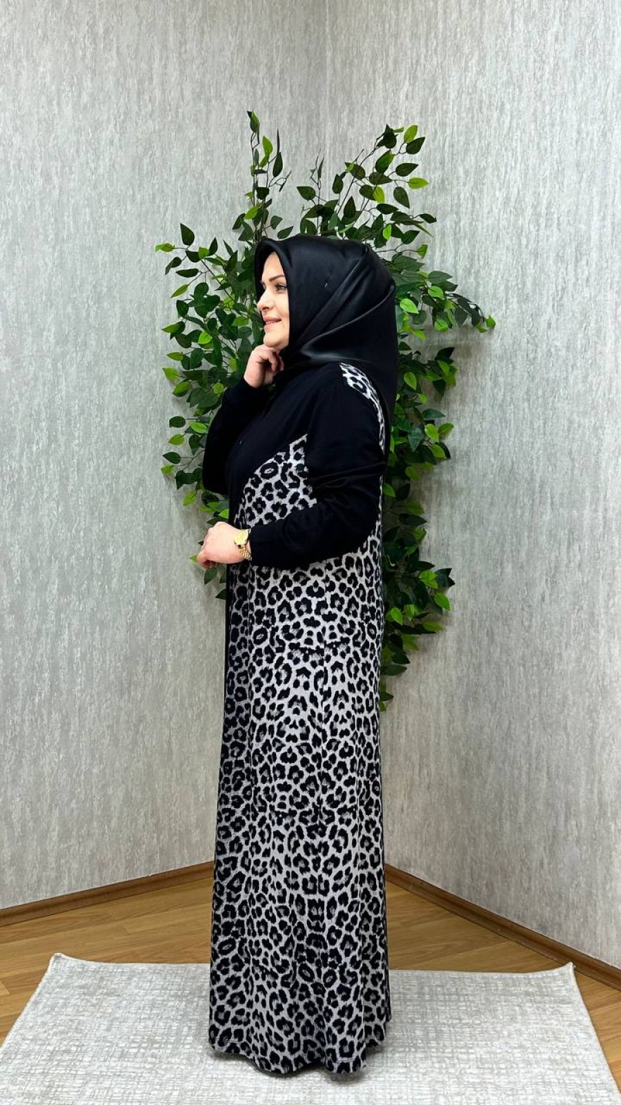 EZGİ LEOPAR ELBİSE SİYAH-GRİ