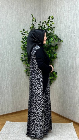 EZGİ LEOPAR ELBİSE SİYAH-GRİ