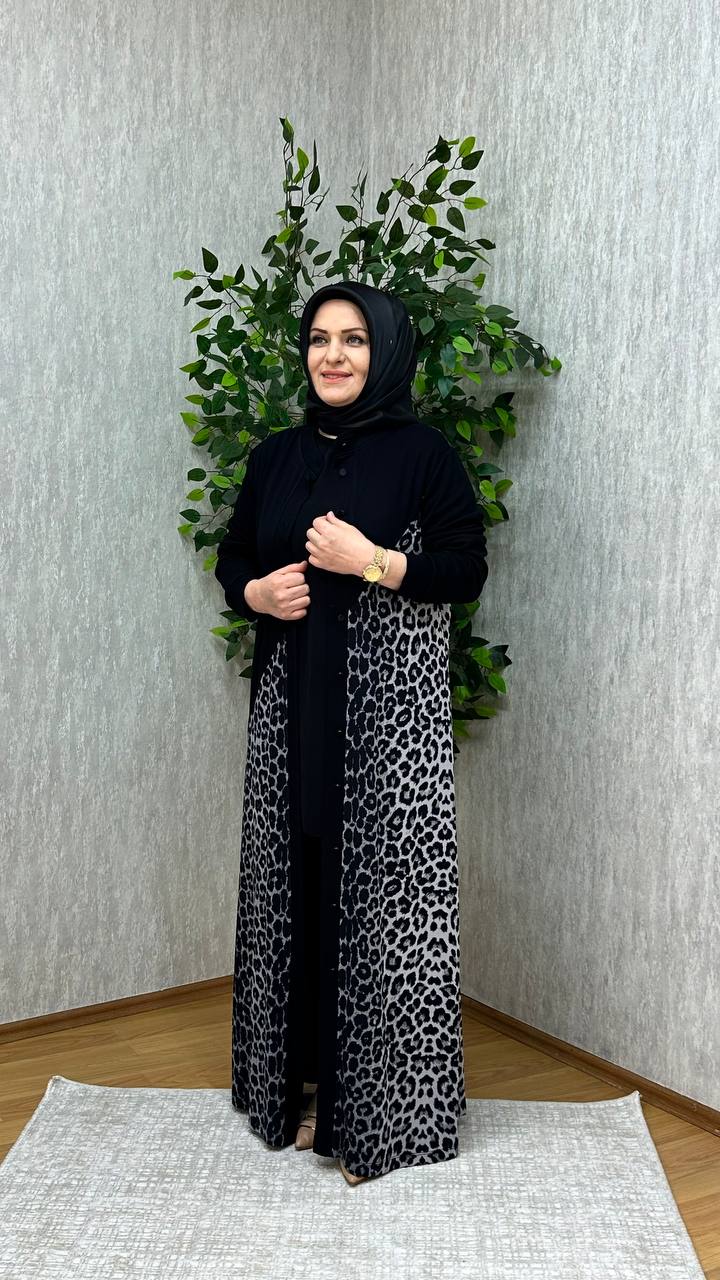 EZGİ LEOPAR ELBİSE SİYAH-GRİ